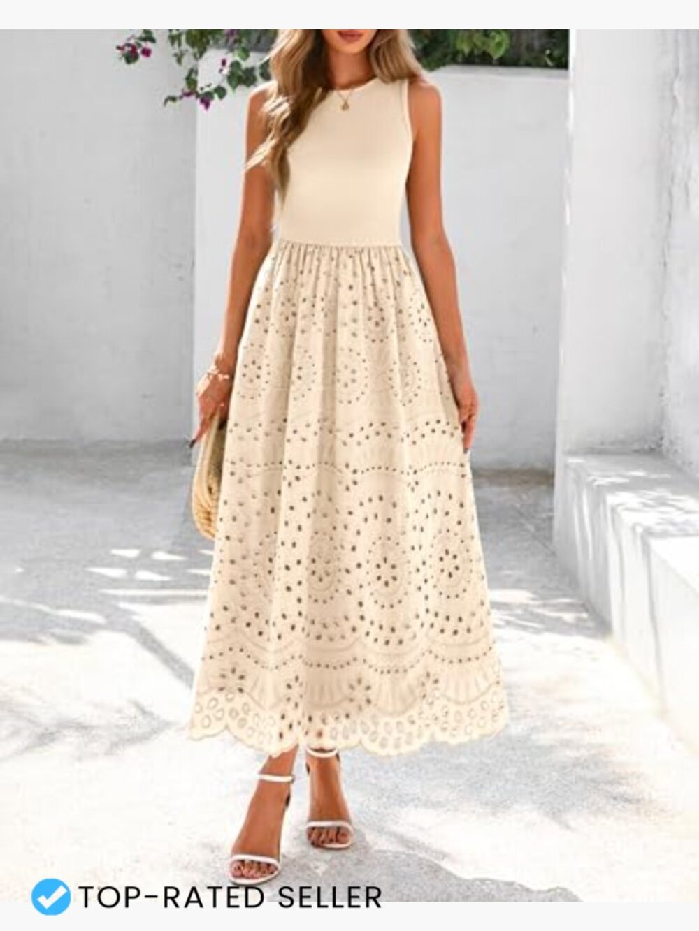 Sleeveless Lace Eyelet Cotton Maxi Dress A-Line Boho Casual with Pockets - Picture 3 of 7